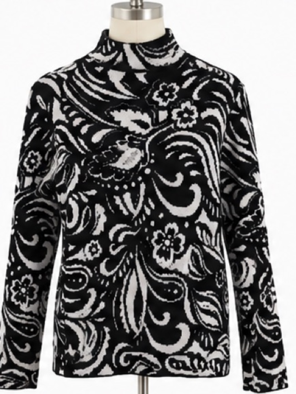 Black & White Floral Print Mock Neck Sweater